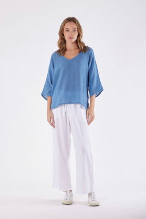 Evie Ramie V-Neck Top - French Blue Carbon the Label 