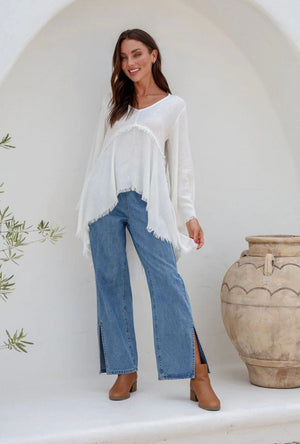 Biba Long Sleeve Frey Top - White INDIGO ATTIC 