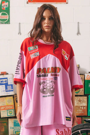 The Very Oversized Mermaid Racing Tee - Red + Pink Apparel Sabbi 