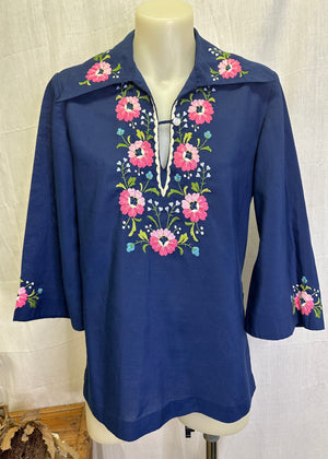 70’s Embroidered Navy Blouse - 8/10 INDIGO ATTIC 