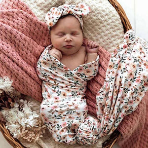 Spring Floral Organic Jersey Wrap & Topknot Set Snuggle Hunny 