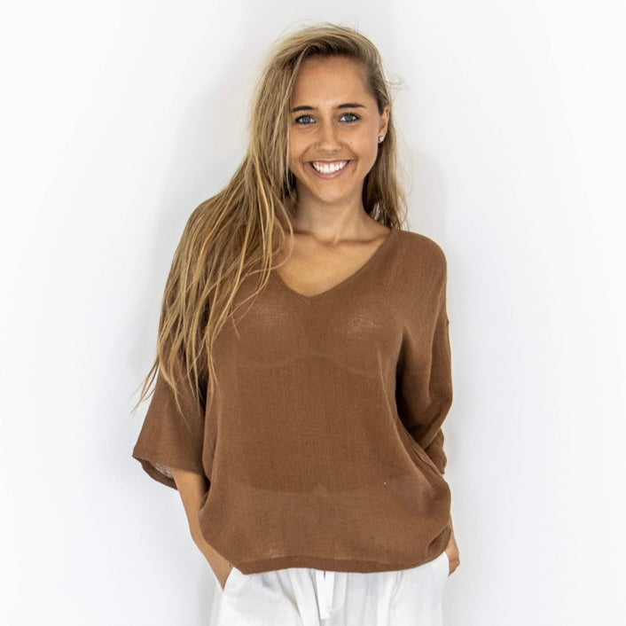 Evie Ramie V-Neck Top - Toffee Carbon the Label 