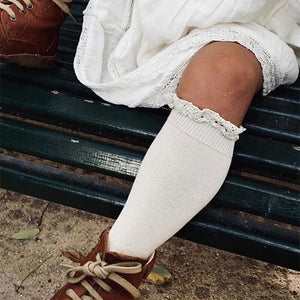 Lace Trim Knee High Socks - White INDIGO ATTIC 