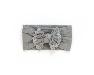 Open image in slideshow, Lace Trim Headband Bows - Various Indigo Attic Grey 
